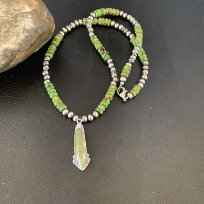 Navajo Green Gaspeite Turquoise Inlay Pendant | Sterling Silver | Authentic Native American Handmade | 13268