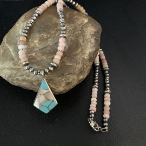 Navajo Mother of Pearl Turquoise Inlay Pendant with Pink Opal Bead | Sterling Silver Necklace | 13456