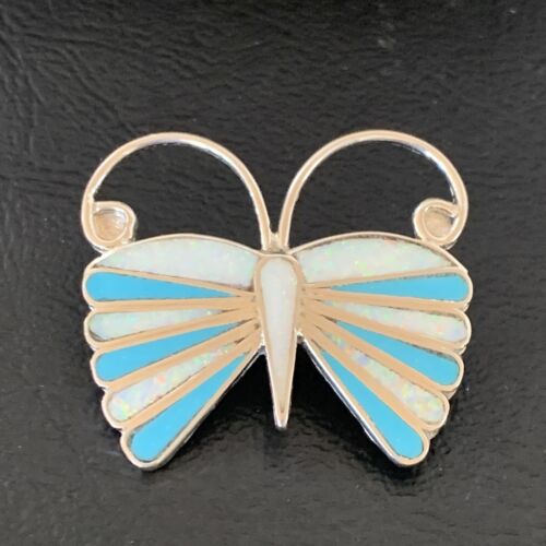 Zuni Blue Turquoise White Opal Butterfly Necklace Pin Pendant | Sterling Silver | 11972