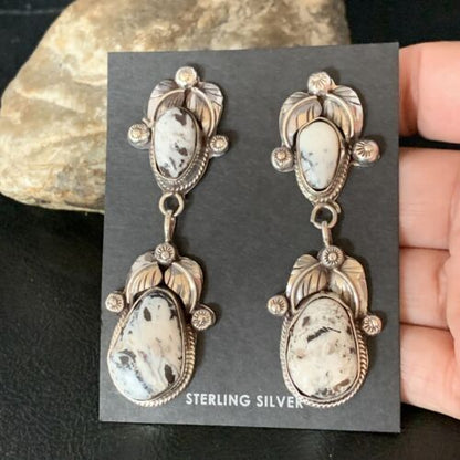 Navajo White Buffalo Turquoise Dangle Earrings Set | Sterling Silver | Authentic Native American Handmade | 13753