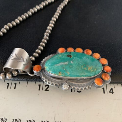 Native American Men's Green Turquoise Spiny Pendant Necklace | Sterling Silver | 14000