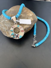Blue Turquoise & Mother of Pearl Inlay Pendant | Sterling Silver Necklace | Navajo | 8904