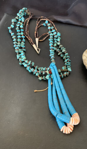 Native American Santo Domingo Spiny Blue Turquoise Shell Jacla Necklace | 3-Strand 27" | 12495
