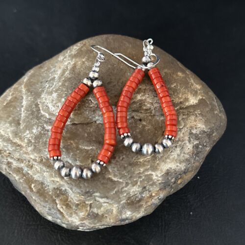 Native American Red Coral Bead Earrings Navajo Sterling Silver 14383