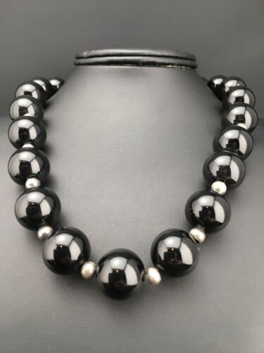 Navajo Sterling Silver Black Onyx Bead Necklace | 18" | Authentic Native American Handmade | 1104