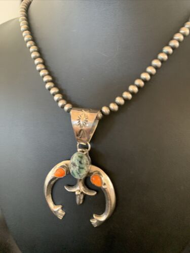 Navajo Pearl Necklace with Green Turquoise & Spiny Oyster Naja Pendant | Sterling Silver | Authentic Native American Handmade | 11701