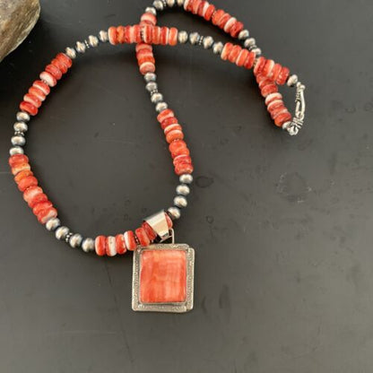 Navajo Pearls Necklace with Red Spiny Oyster Pendant | Sterling Silver | Authentic Native American Handmade | 11324