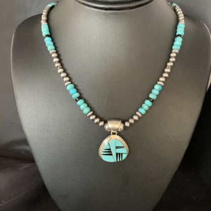 Navajo Inlay Blue Turquoise Onyx Pendant Necklace | Sterling Silver | Authentic Native American Handmade | 13656