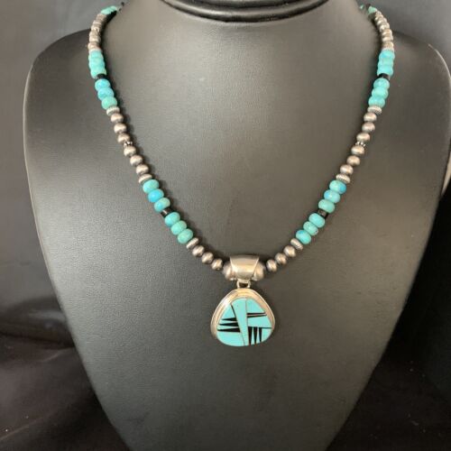 Navajo Inlay Blue Turquoise Onyx Pendant Necklace | Sterling Silver | Authentic Native American Handmade | 13656