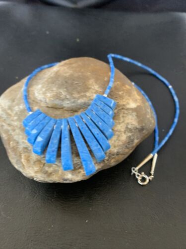 Navajo Denim Lapis Bead Necklace | Sterling Silver | Tube Heishi Fan Pendant | 20" | 10475
