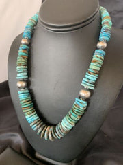 Navajo Blue Green Turquoise Necklace | Sterling Silver | Authentic Native American | 20" | Graduated | 11885