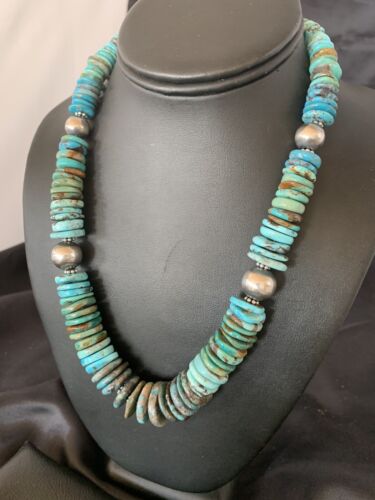 Navajo Blue Green Turquoise Necklace | Sterling Silver | Authentic Native American | 20" | Graduated | 11885