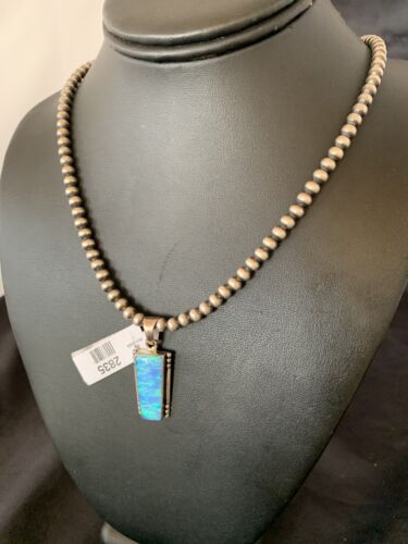 Blue Opal Inlay Necklace Pendant | Navajo Pearls | Sterling Silver | Authentic Native American Handmade | 2835