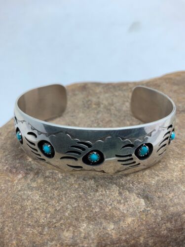 Navajo Turquoise Shadow Box Bear Paw Bracelet | Sterling Silver | Authentic Native American Handmade | 4610