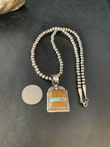 Men's Blue Boulder Turquoise Necklace Pendant | Sterling Silver | Navajo Handmade | 13767