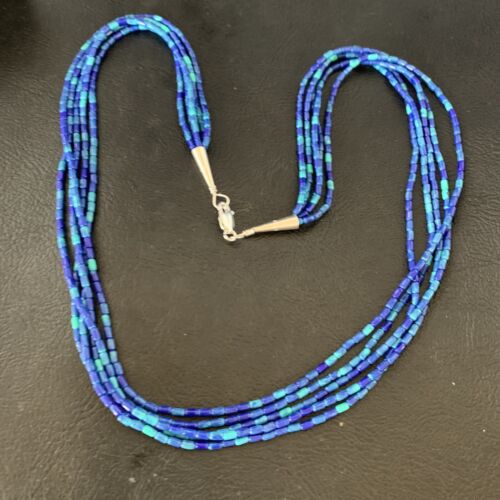 Blue Green Azurite Heishi Necklace | 5 Strand Stabilized Sterling Silver Pendant | 12930