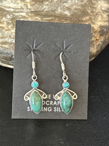 Navajo Blue Turquoise Dangle Earrings | Sterling Silver | 1" | Authentic Native American Handmade | 14773