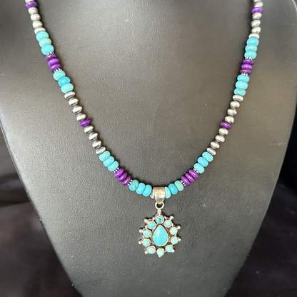 Blue Turquoise Sugilite Multi-Stone Necklace Pendant | Navajo Sterling Silver | 14640
