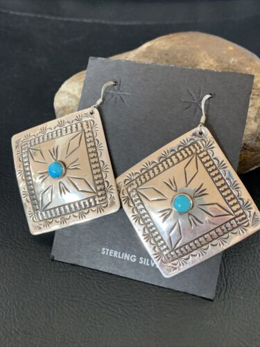 Navajo Blue Turquoise Earrings | Stamped Sterling Silver | Authentic Native American Handmade | 12912