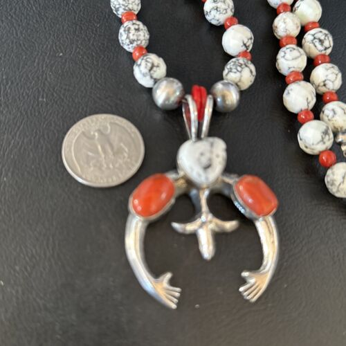 Navajo White Buffalo Turquoise Coral Naja Pendant Necklace | Sterling Silver | 22" | 14690