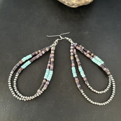 Sugilite Turquoise Heishi Bead Earrings | Sterling Silver | 4" | Authentic Native American Handmade | 14317