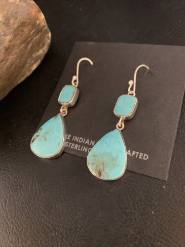 Kingman Turquoise Dangle Earrings | Navajo Sterling Silver | Authentic Native American Handmade | 14078