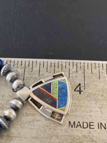 Authentic Native American Sterling Silver Navajo Pearls Necklace with Lapis Inlay Pendant | 01926