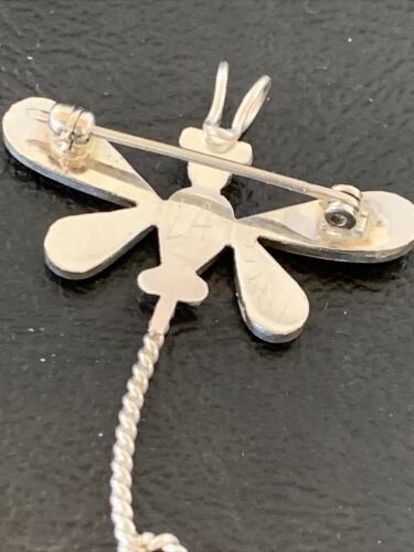 Zuni Turquoise Mother of Pearl Inlay Dragonfly Necklace Pin Pendant | Sterling Silver | 12327