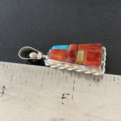 Zuni Yellow Mother of Pearl Turquoise Spiny Inlay Sun Face Pendant | Sterling Silver | 1686