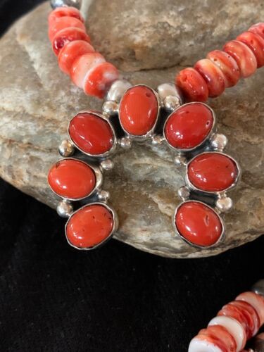 Navajo Spiny Oyster & Coral Naja Pendant | Authentic Native American Sterling Silver | Naja | 4682