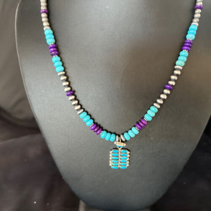 Blue Turquoise Sugilite Navajo Sterling Silver Necklace Pendant | Multi-Stone | 14644