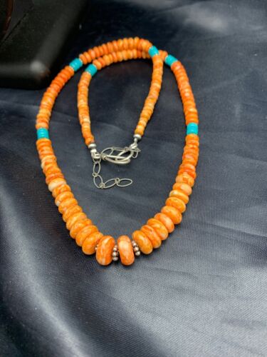 Navajo Spiny Oyster & Turquoise Graduated Necklace | Sterling Silver | Authentic Native American | 20" | 4608