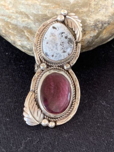 Navajo White Buffalo Turquoise & Spiny Oyster Multi-Stone Ring | Authentic Native American Sterling Silver | Sz 9 | 307