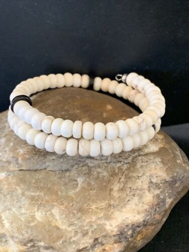 Memory Wire Stainless Steel Howlite Onyx Bead Bracelet | Sterling Silver | Native American Handmade | 1957