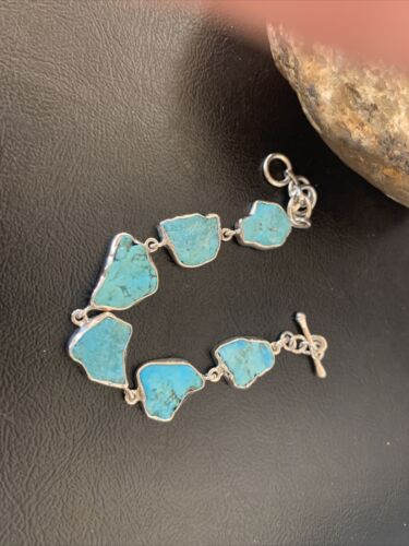 Navajo Blue Kingman Turquoise Rough Link Bracelet | Sterling Silver | 8" | 11652