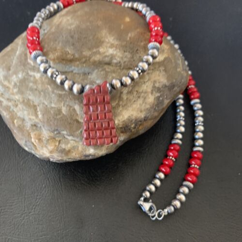 Navajo Red Coral Corn Inlay Necklace Pendant | Sterling Silver | 21" | Authentic Native American Handmade | 12585