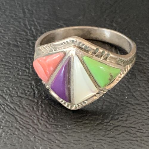 Navajo Multi-Color Gaspeite Sugilite Coral Mother of Pearl Inlay Ring | Sterling Silver | Sz 10.5 | 12397