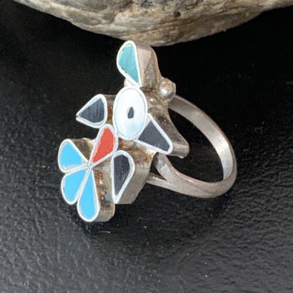 Zuni Peyote Bird Ring | Sterling Silver Coral Turquoise Onyx Mother of Pearl Inlay | Sz 5.5 | 10789