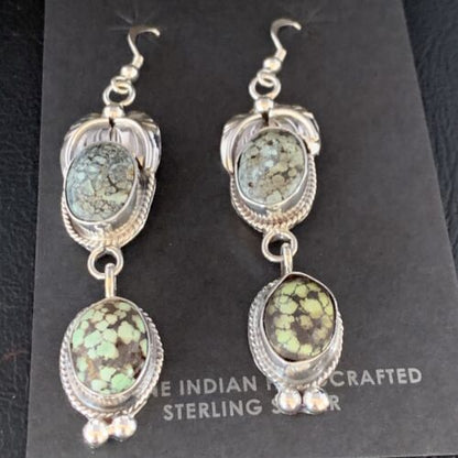 Navajo Green Spiderweb Turquoise Dangle Earrings | Sterling Silver | Authentic Native American Handmade | 13545