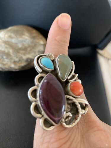 Navajo Sterling Silver Ring | Blue Turquoise & Spiny Oyster | Sz 11 | Native American Handmade | 02127