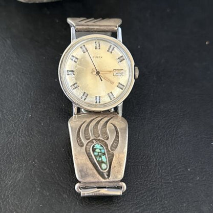 Men's Bear Paw Blue Turquoise Chip Inlay Watch Tips | Navajo Sterling Silver | Authentic Native American Jewelry | 14310