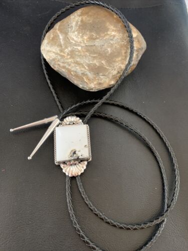 Navajo White Buffalo Turquoise Bolo Tie | Sterling Silver | Authentic Native American Handmade | 12905