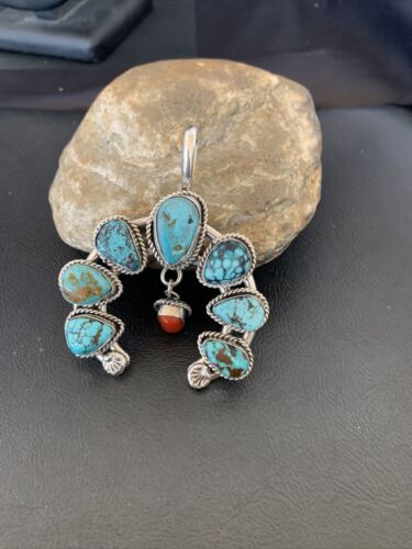 Navajo Coral Spiderweb Turquoise Pendant | Authentic Native American Sterling Silver | Naja | 02226