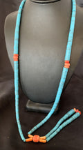 Southwestern Santo Domingo Pink Coral Blue Turquoise Jacla Necklace | 30" | Authentic Native American Handmade | 12518