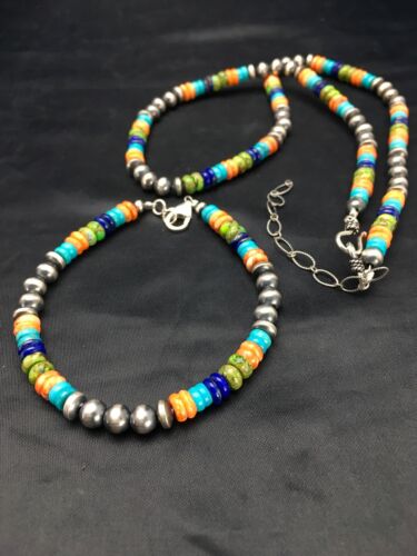 Southwestern Turquoise Spiny Oyster Lapis Necklace & Bracelet Set | Sterling Silver | 18" | Authentic Native American Handmade