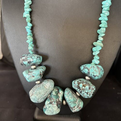 Navajo Chunky Blue Turquoise Nugget Necklace | Sterling Silver | Authentic Native American Handmade | 20" | 14418