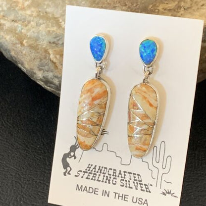 Navajo Snake Swirl Earrings | Orange Spiny Oyster Opal Inlay | Sterling Silver | Native American Handmade | 12022