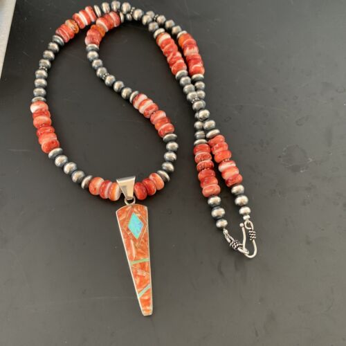 Navajo Pearls Sterling Silver Necklace | Opal Red Spiny Oyster Inlay Pendant | Authentic Native American Handmade | 11322