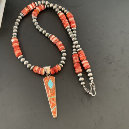 Navajo Pearls Sterling Silver Necklace | Opal Red Spiny Oyster Inlay Pendant | Authentic Native American Handmade | 11322