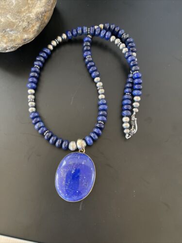 Navajo Pearls Sterling Silver Necklace with Blue Lapis Pendant | Authentic Native American Handmade | 11352